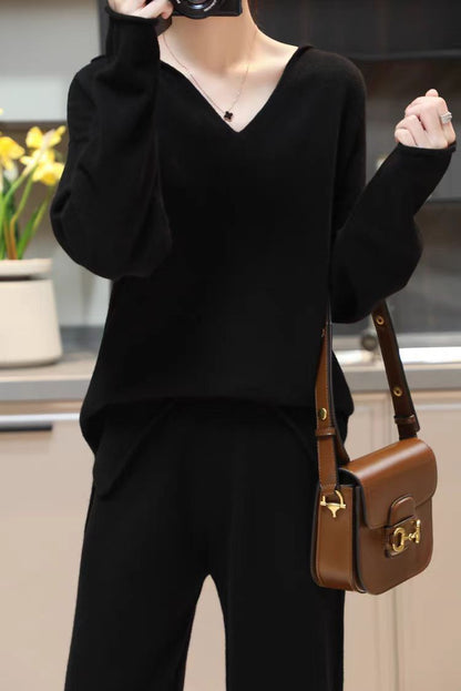 Korean Style Idle Style Hooded Top Casual Wide Leg Pants Knitting Suit