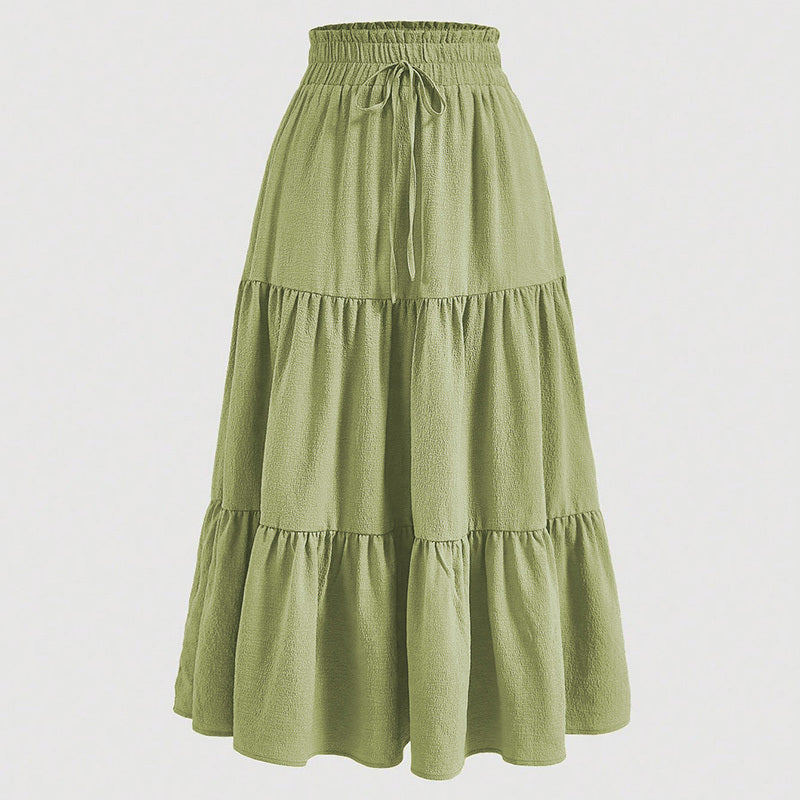 Women's Solid Color High-Waist Knot Detail Flowy Pleated Midi Skirt - Elegant A-Line Skirt For Spring Summer