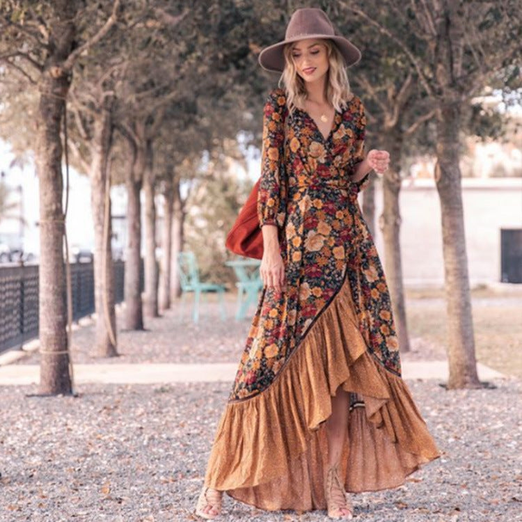 Long sleeve print retro dress long skirt