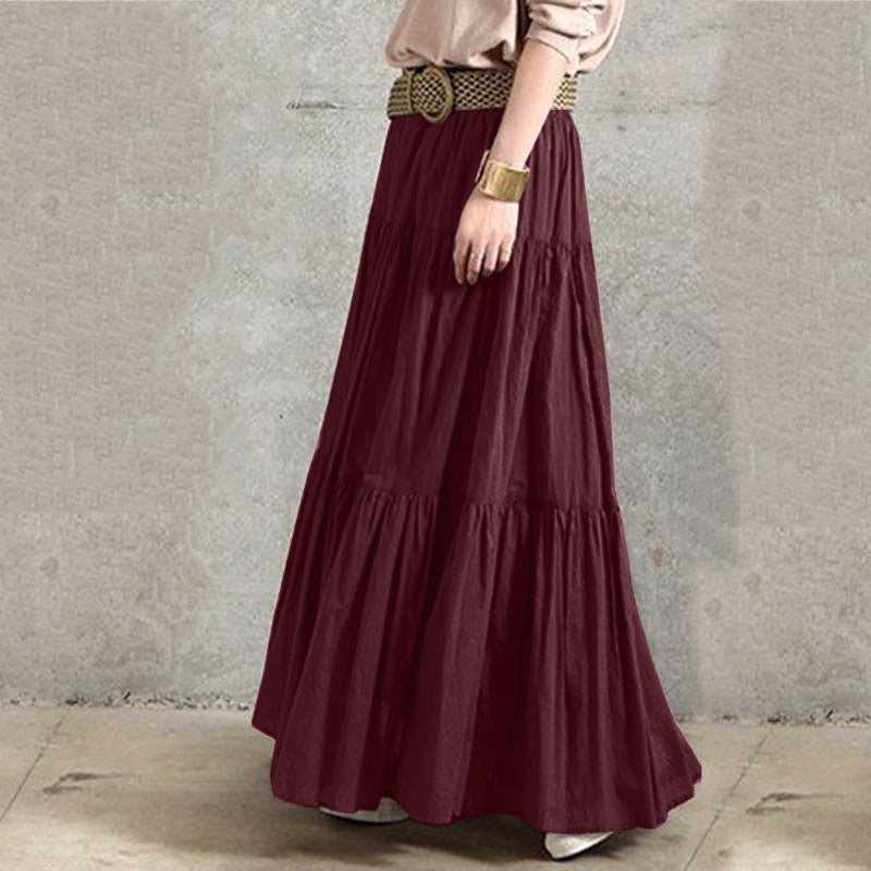 Solid Color Pleated Loose Fitted Long Skirt