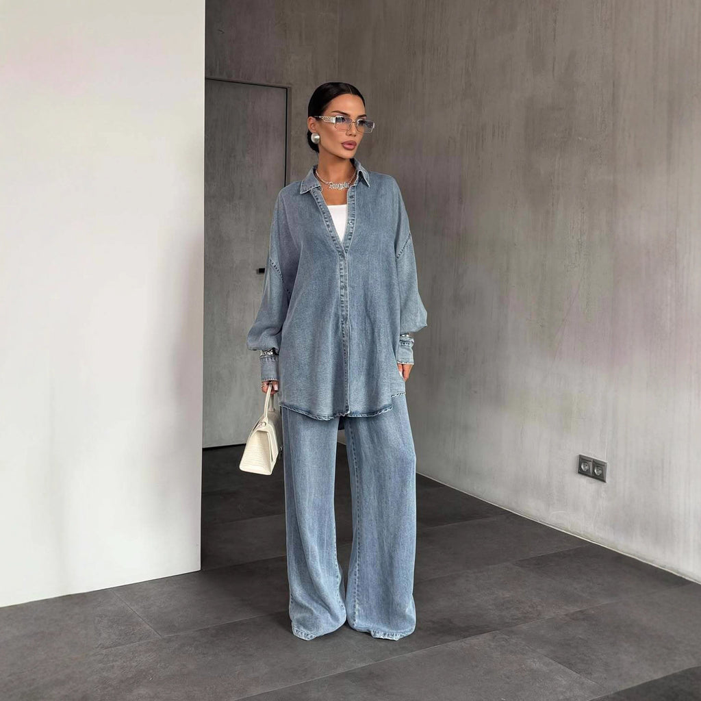 Women's Denim Long Sleeve Button Wide Leg Suit