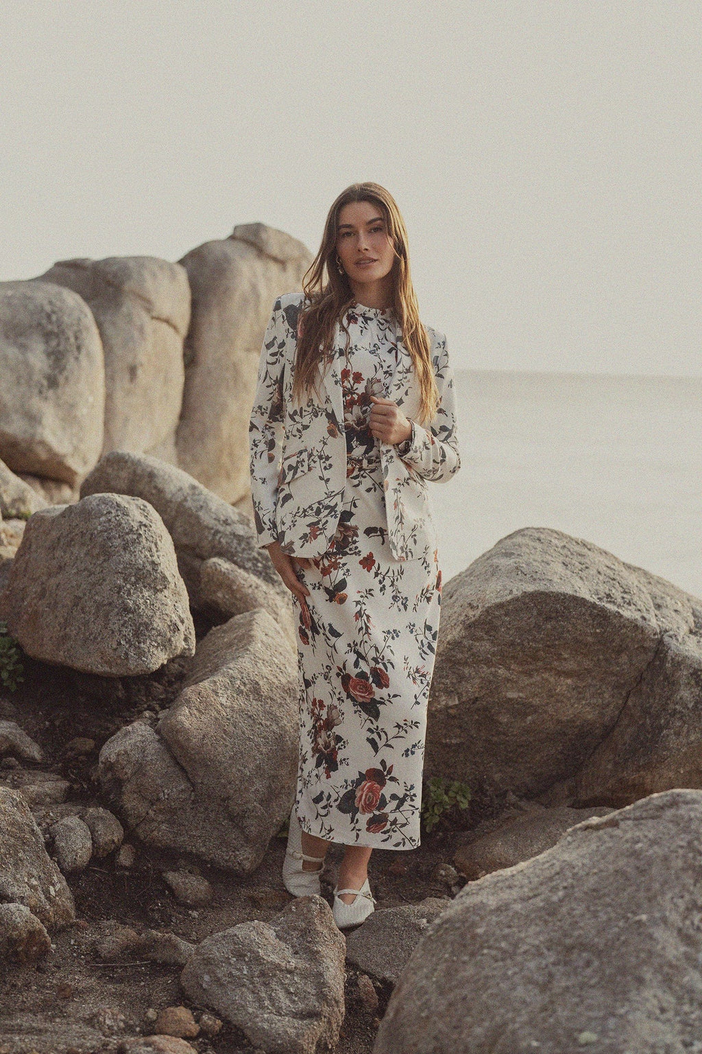 Gathered Neck Straight Maxi Dress- Antique Floral