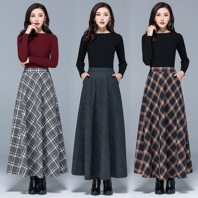 Woolen Skirt High WaistSlim Allmatch Pocket Long Skirt Elastic Waist Aline Big Skirt