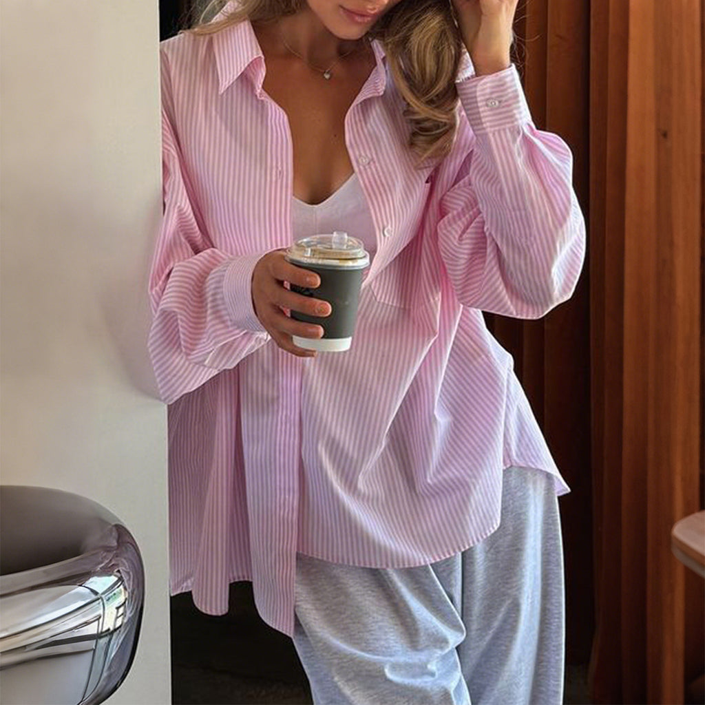 Striped Button Long Sleeve Cardigan Shirt Women