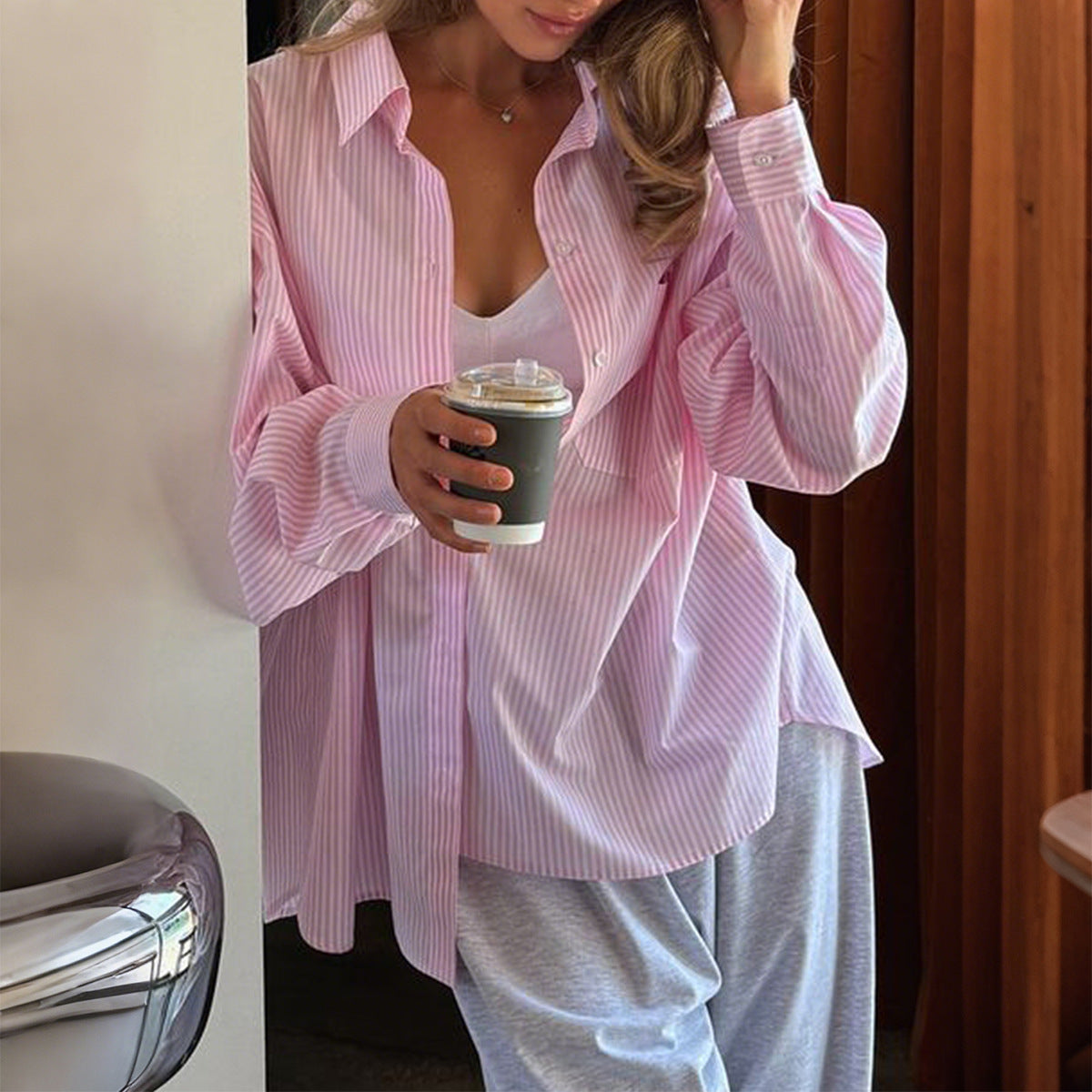 Striped Button Long Sleeve Cardigan Shirt Women