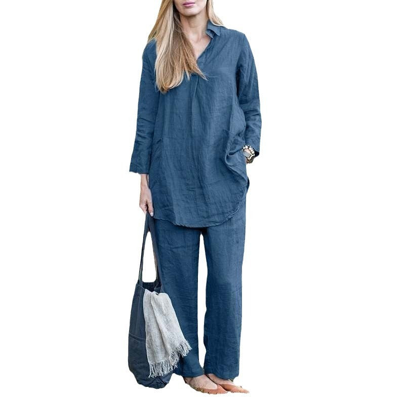 Loose Long Sleeve Shirt Wide Leg Pants Elegant Casual Retro Suit