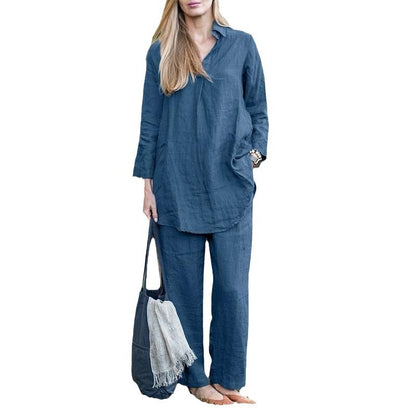 Loose Long Sleeve Shirt Wide Leg Pants Elegant Casual Retro Suit