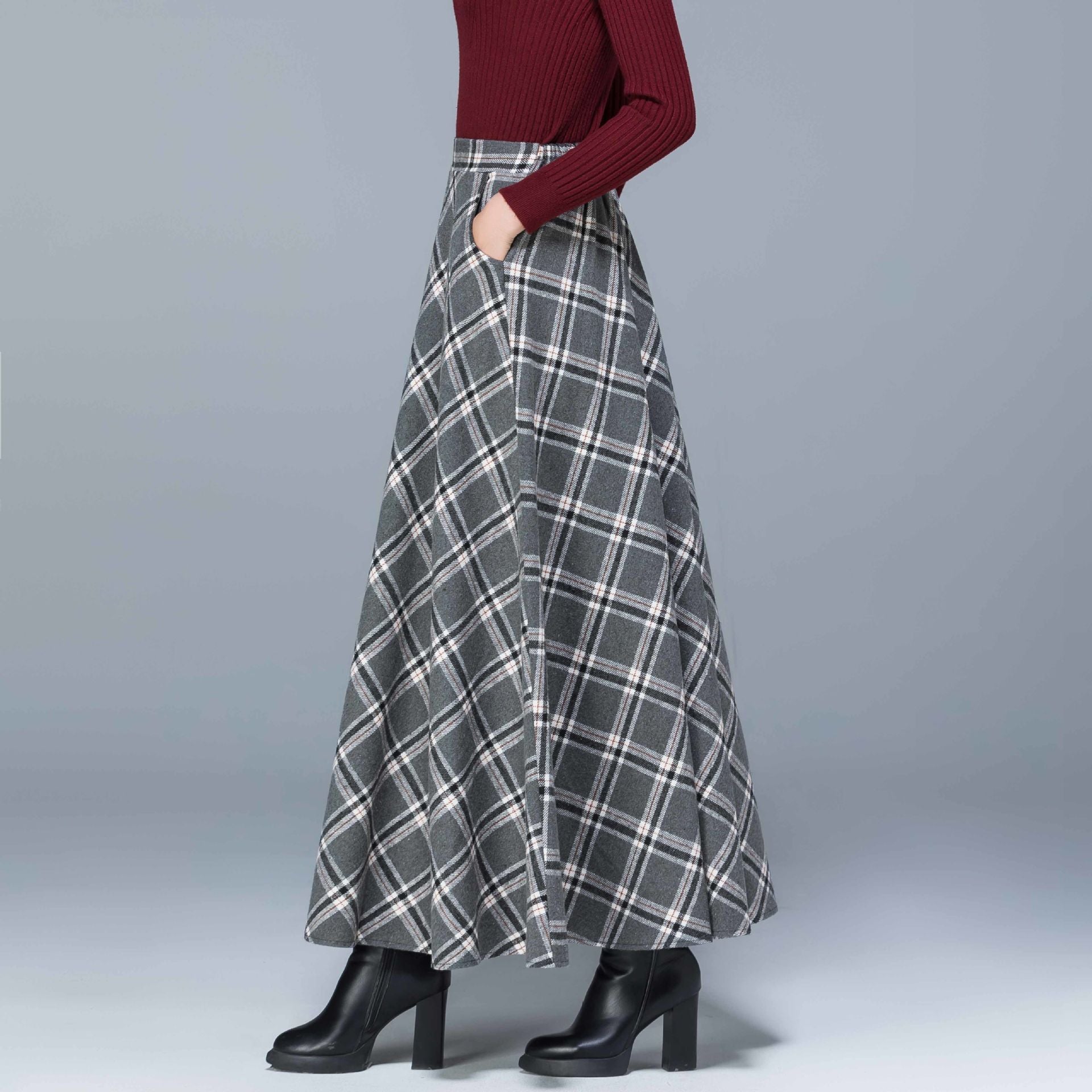 Woolen Skirt High WaistSlim Allmatch Pocket Long Skirt Elastic Waist Aline Big Skirt