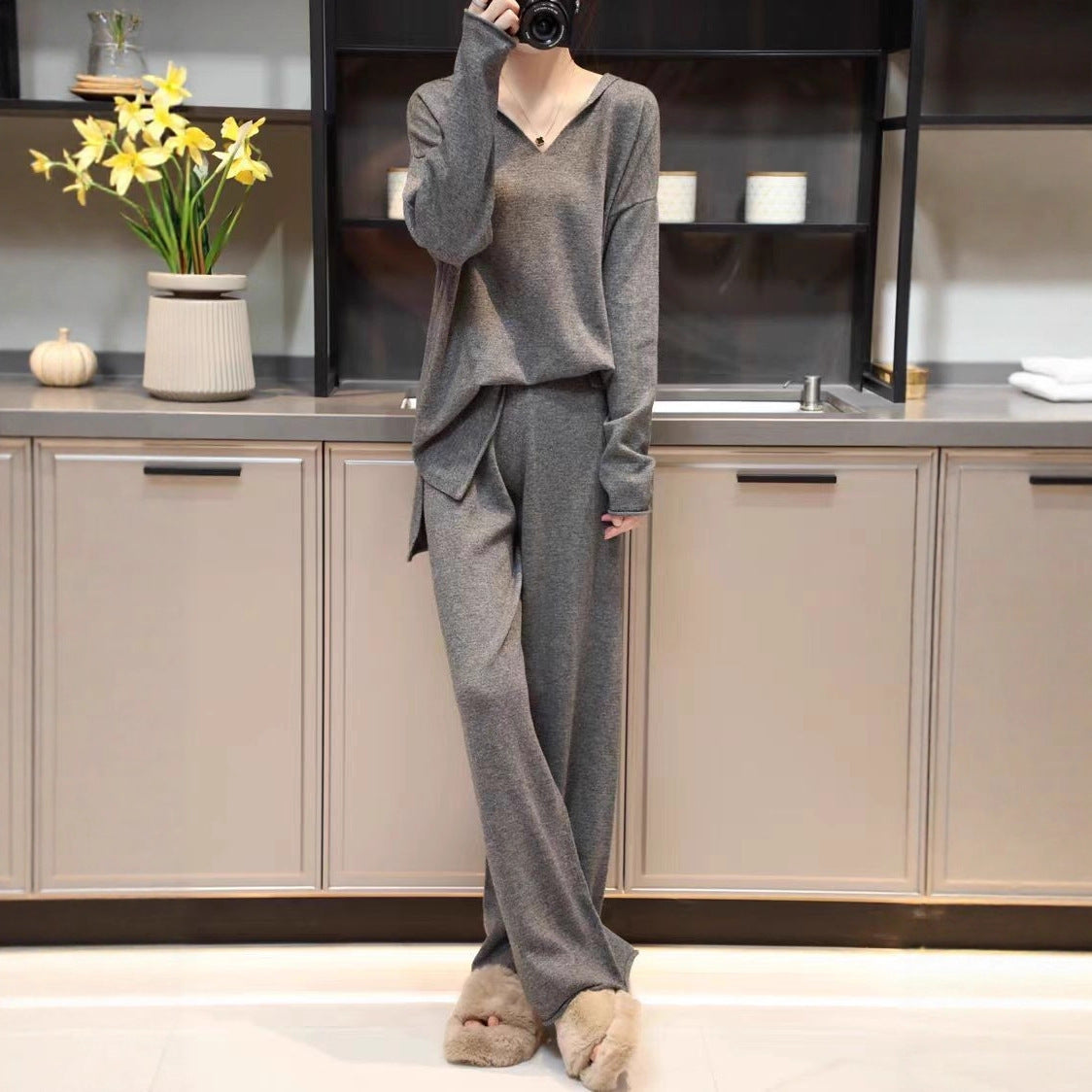 Korean Style Idle Style Hooded Top Casual Wide Leg Pants Knitting Suit