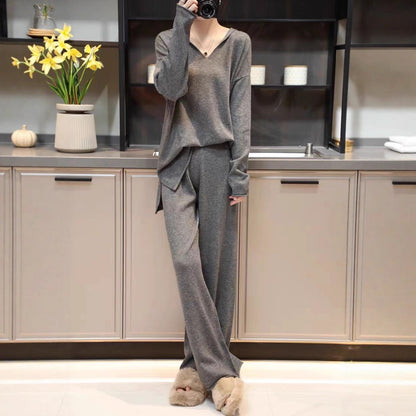 Korean Style Idle Style Hooded Top Casual Wide Leg Pants Knitting Suit