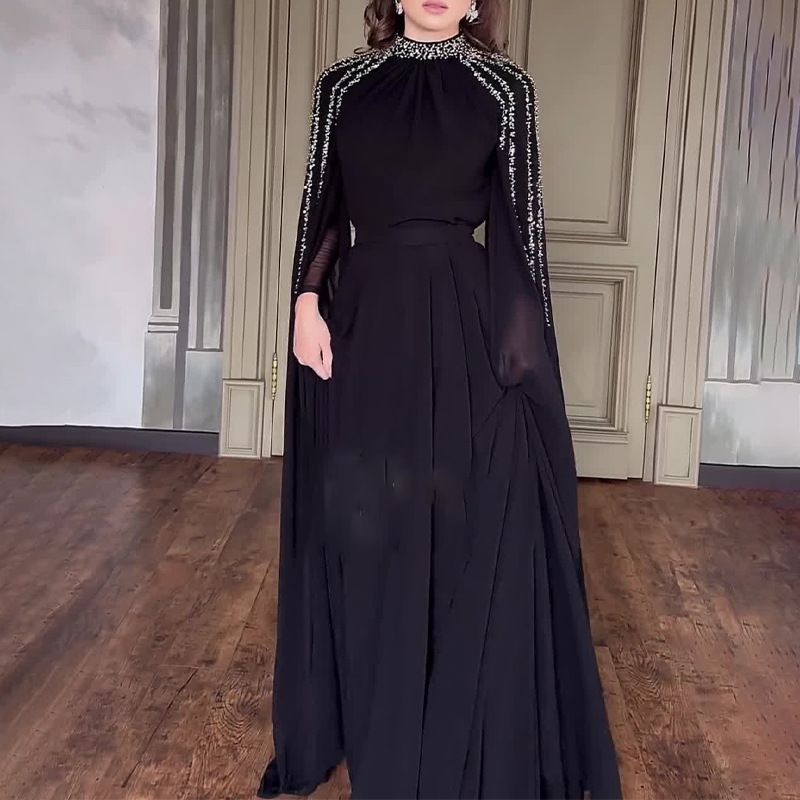 Rhinestone High Collar Long Sleeve Maxi Dress