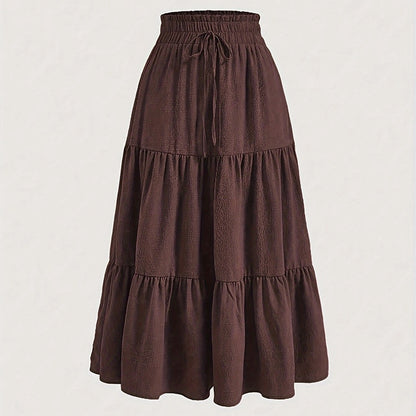 Women's Solid Color High-Waist Knot Detail Flowy Pleated Midi Skirt - Elegant A-Line Skirt For Spring Summer