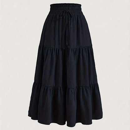 Women's Solid Color High-Waist Knot Detail Flowy Pleated Midi Skirt - Elegant A-Line Skirt For Spring Summer