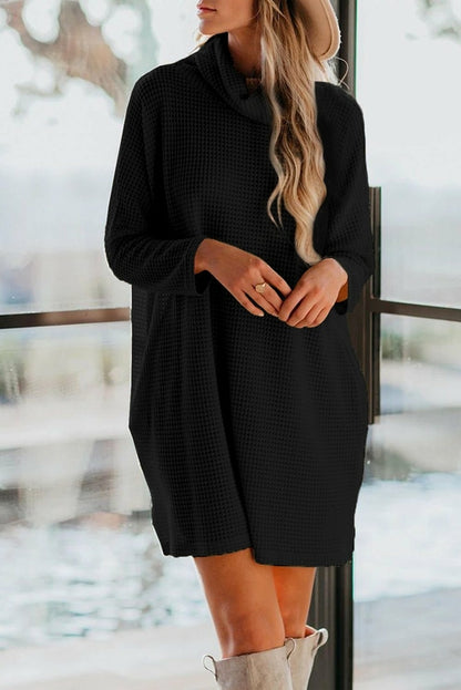 Cowl Neck Long Sleeve Pocketed Knit Mini Dress