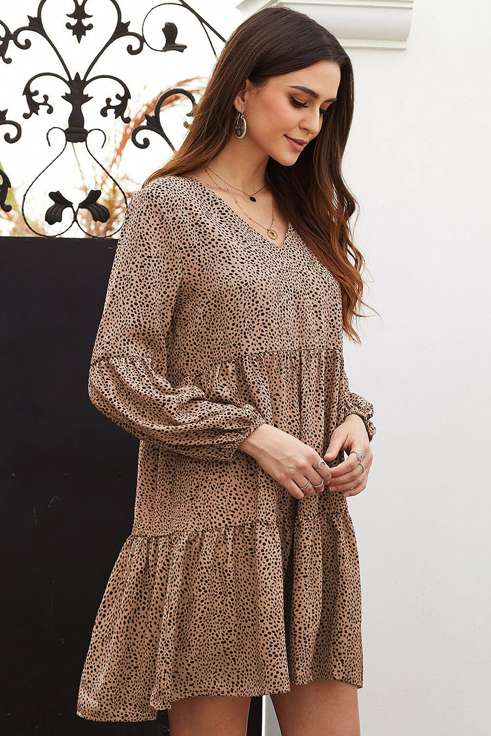 Brown Leopard Ruffle V-Neck Flowy Loose Tunic Dress