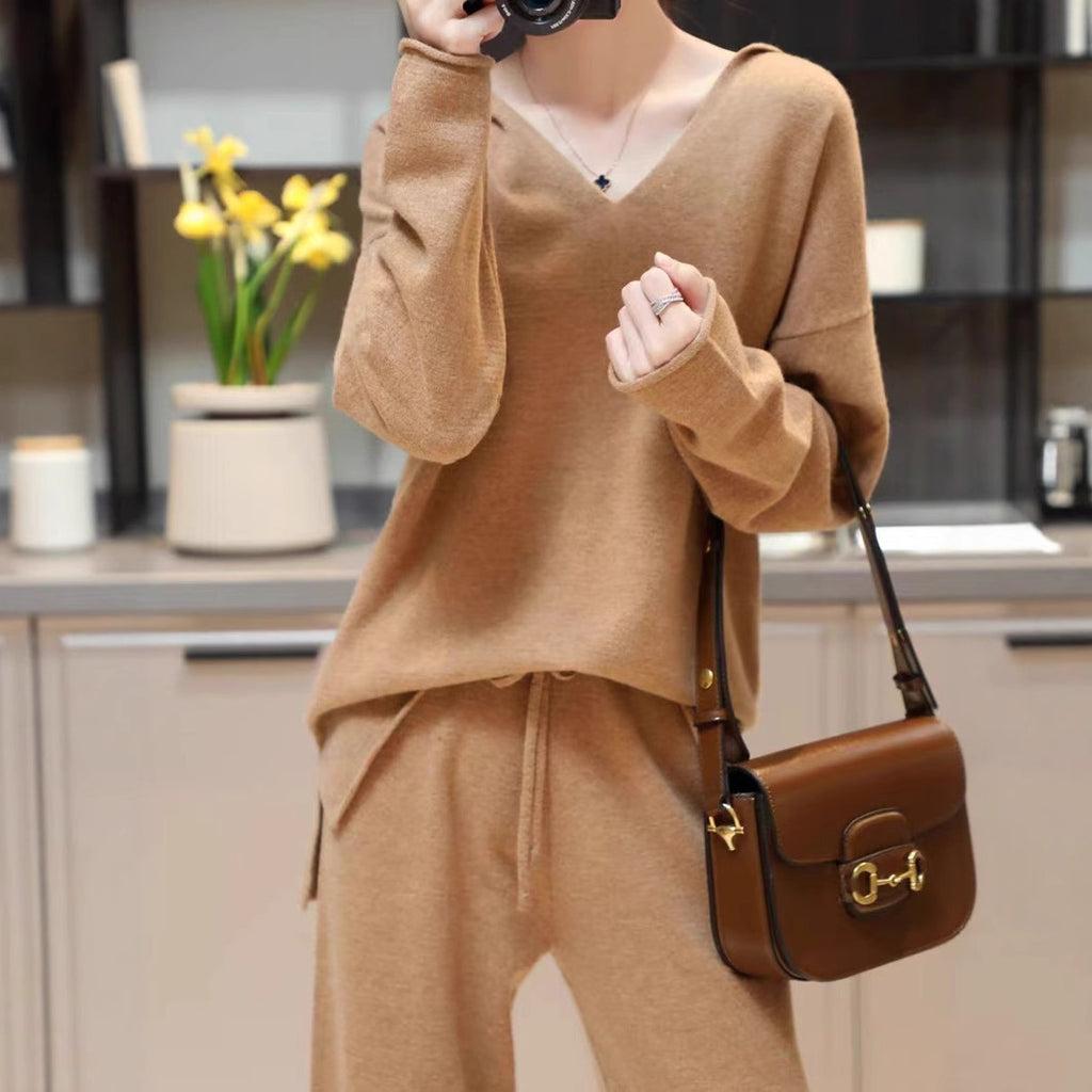 Korean Style Idle Style Hooded Top Casual Wide Leg Pants Knitting Suit