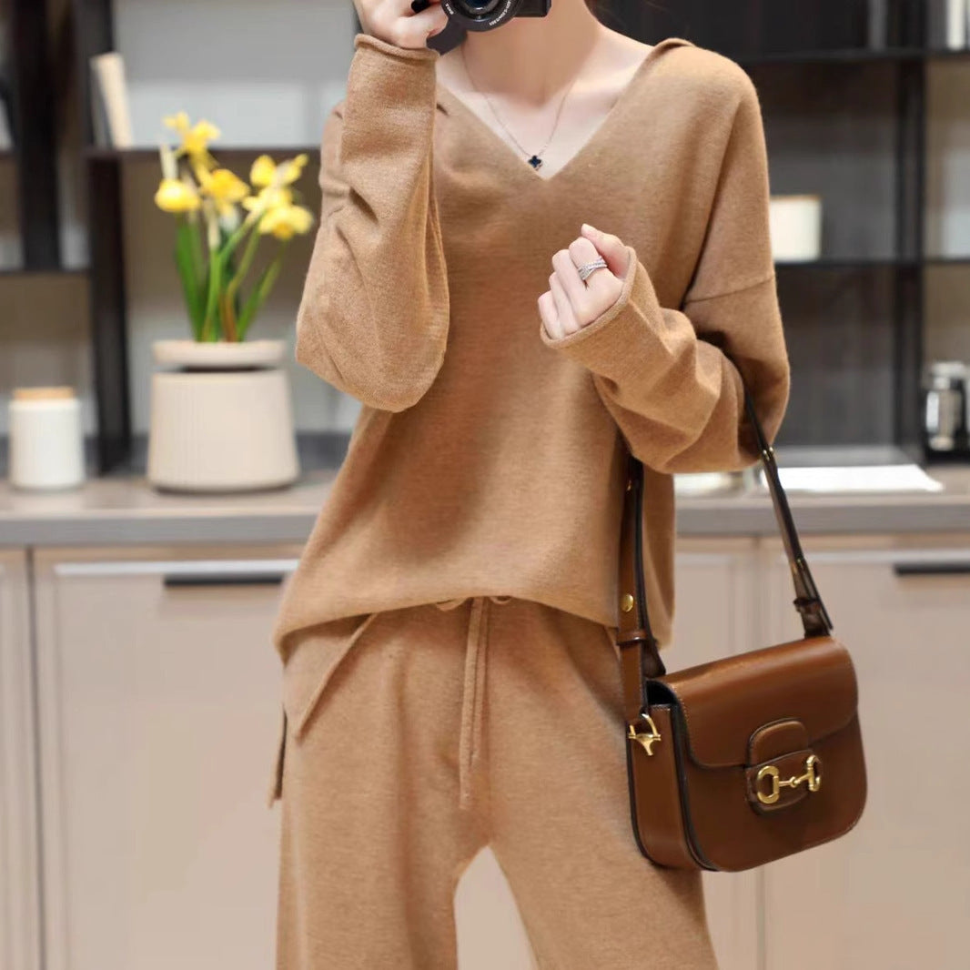 Korean Style Idle Style Hooded Top Casual Wide Leg Pants Knitting Suit