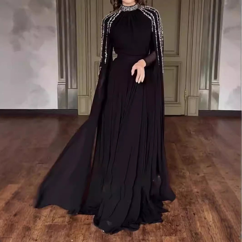 Rhinestone High Collar Long Sleeve Maxi Dress