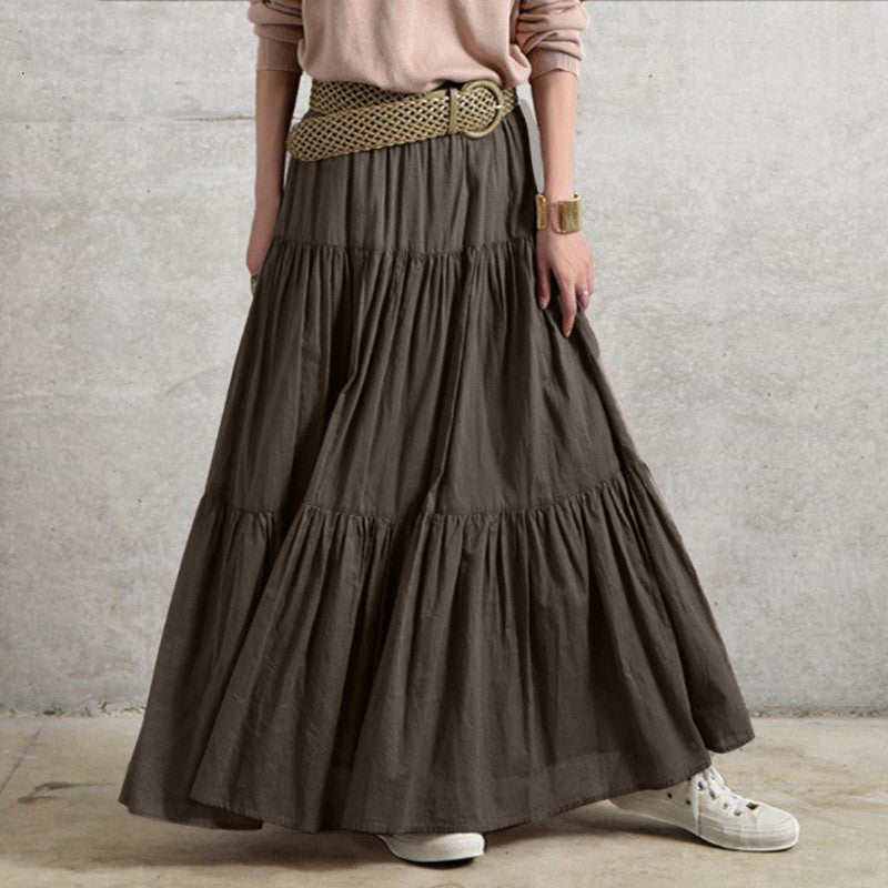 Solid Color Pleated Loose Fitted Long Skirt