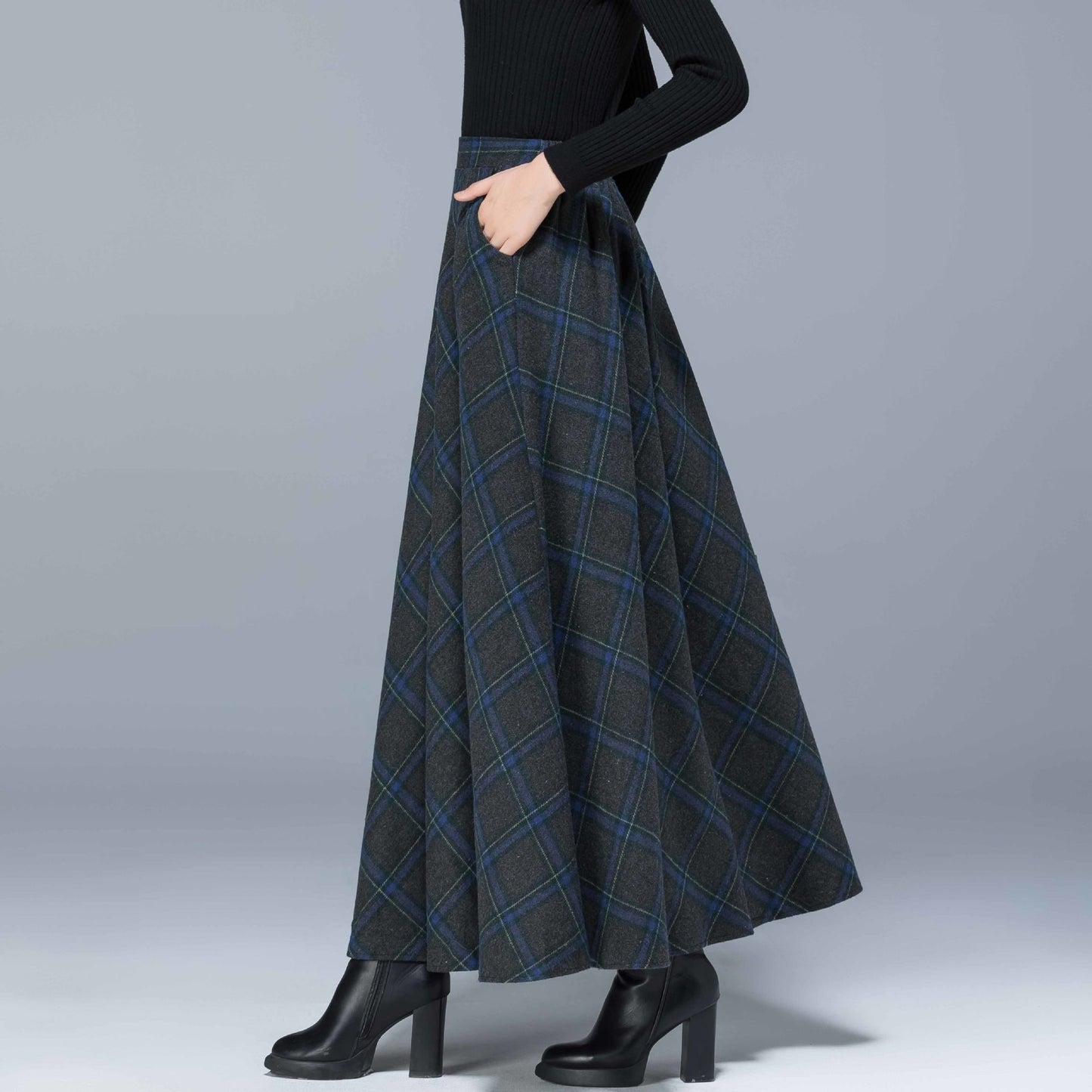 Woolen Skirt High WaistSlim Allmatch Pocket Long Skirt Elastic Waist Aline Big Skirt