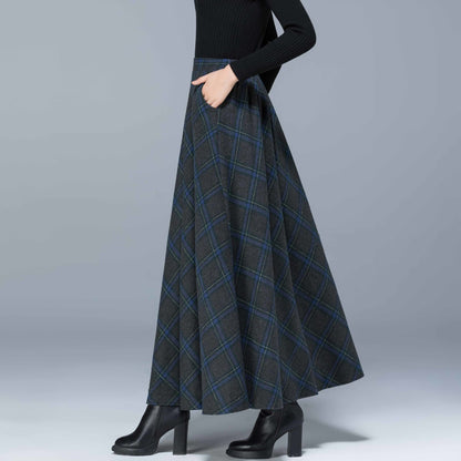 Woolen Skirt High WaistSlim Allmatch Pocket Long Skirt Elastic Waist Aline Big Skirt