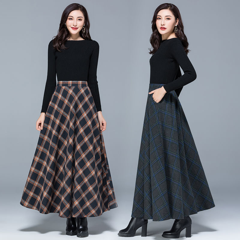 Woolen Skirt High WaistSlim Allmatch Pocket Long Skirt Elastic Waist Aline Big Skirt