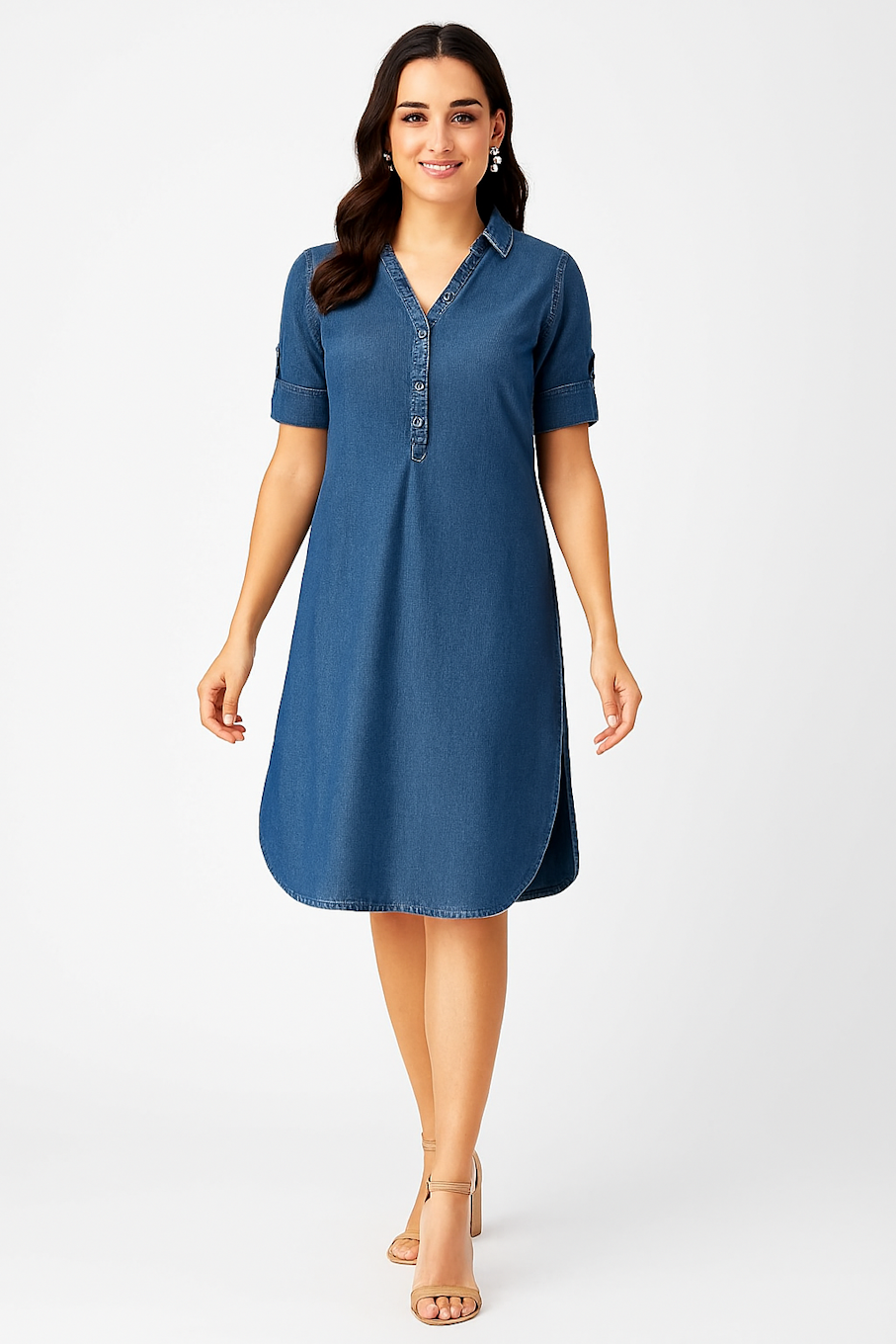 Denim Shirt Dress with Half Sleeves and Collar  (Size-S)