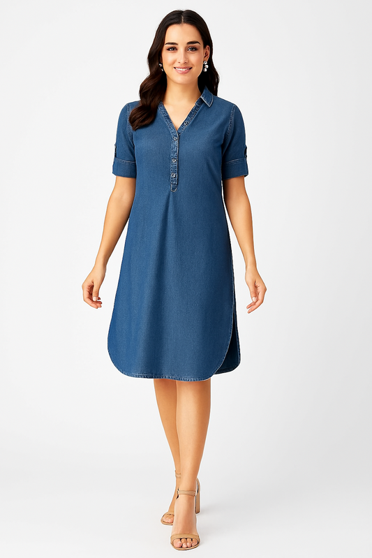 Denim Shirt Dress with Half Sleeves and Collar  (Size-S)