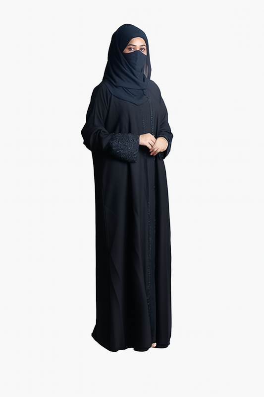Elegant Black Abaya, Dubai Style, Embellished Sleeves-Black (Size-M)
